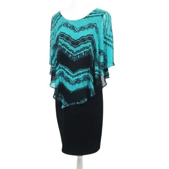 Layered Sheath Dress Knee Length Lightweight Stretch Black Green Printed Sz 8 - Picture 1 of 13